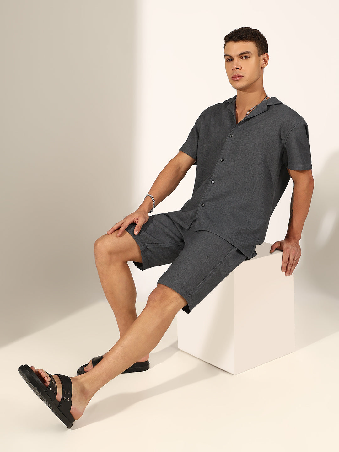 Men's Grey Cuban Collar Shirt & Shorts Co-ord Set