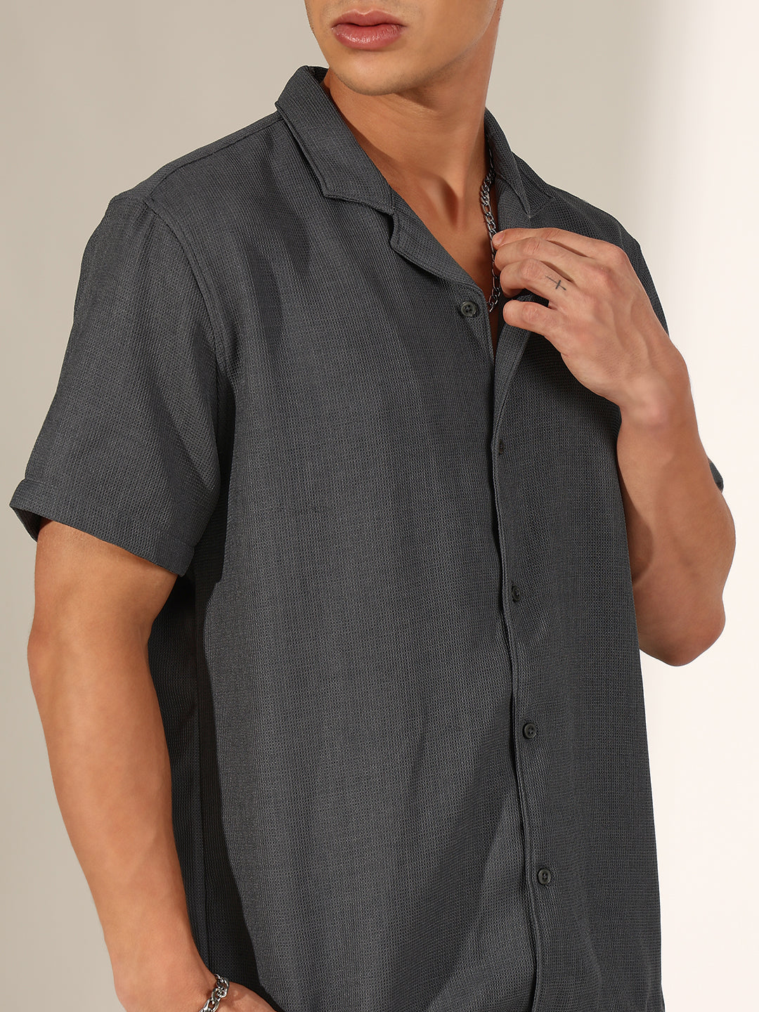 Men's Grey Cuban Collar Shirt & Shorts Co-ord Set