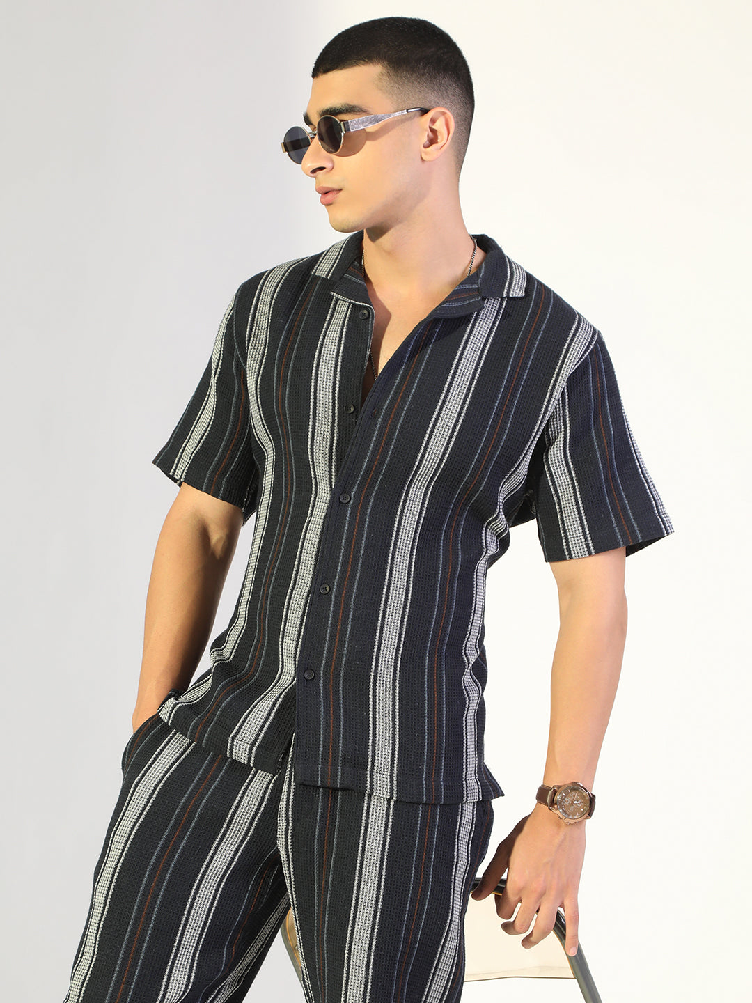 Men's Striped Navy Blue Relaxed Fit Cuban Collar Shirt & Casual Shorts Co-ord Set