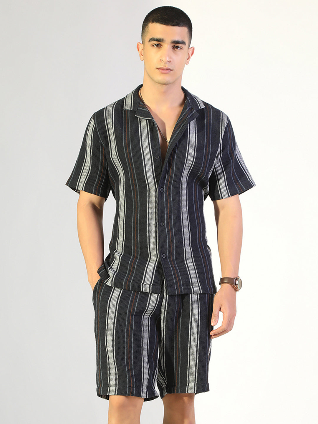 Men's Striped Navy Blue Relaxed Fit Cuban Collar Shirt & Casual Shorts Co-ord Set