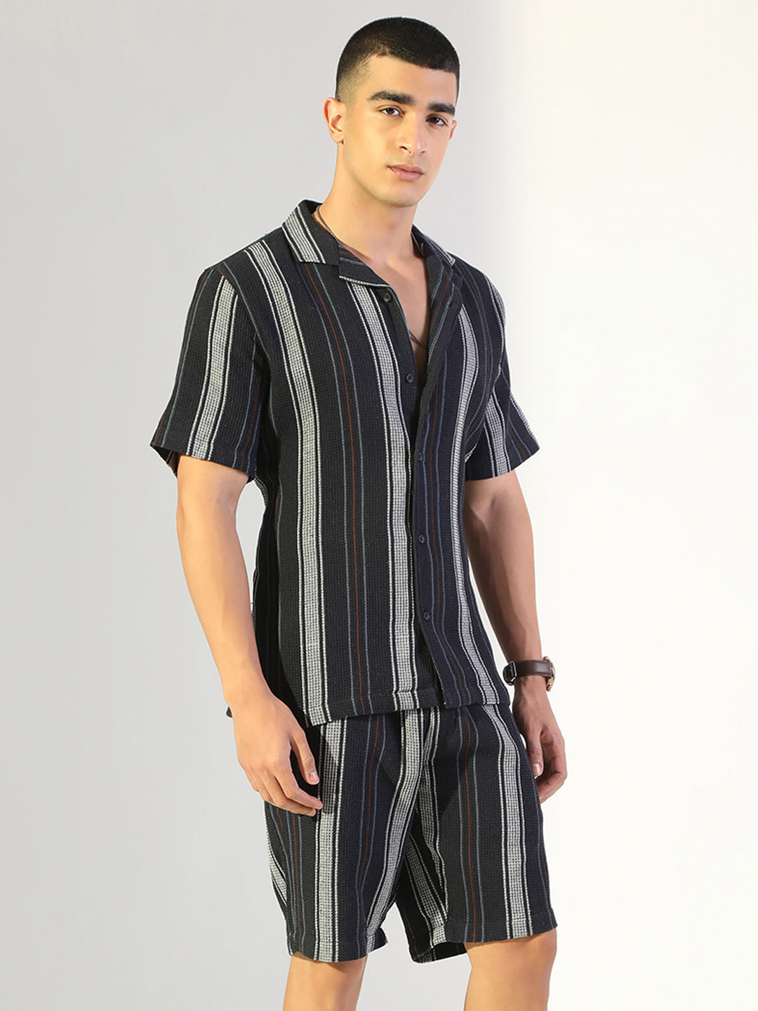 Men's Striped Navy Blue Relaxed Fit Cuban Collar Shirt & Casual Shorts Co-ord Set