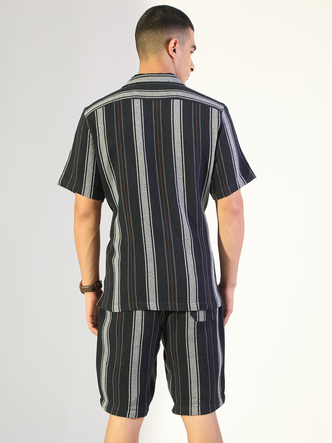 Men's Striped Navy Blue Relaxed Fit Cuban Collar Shirt & Casual Shorts Co-ord Set