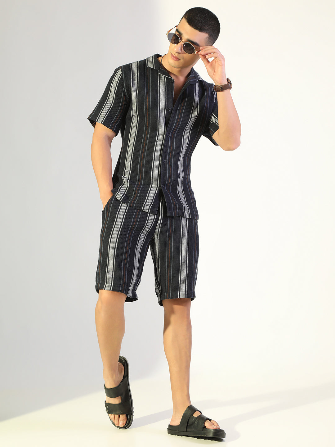 Men's Striped Navy Blue Relaxed Fit Cuban Collar Shirt & Casual Shorts Co-ord Set