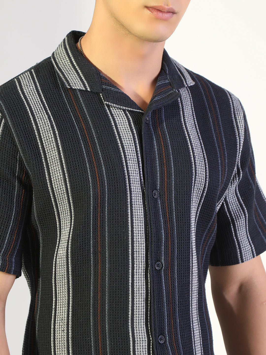 Men's Striped Navy Blue Relaxed Fit Cuban Collar Shirt & Casual Shorts Co-ord Set