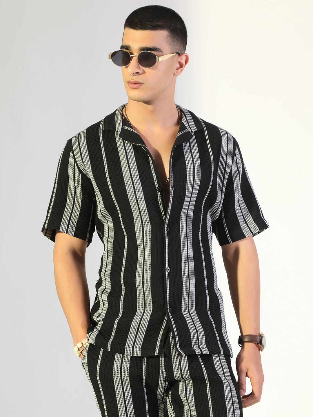 Men's Striped Black & White Relaxed Fit Cuban Collar Shirt & Casual Shorts Co-ord Set