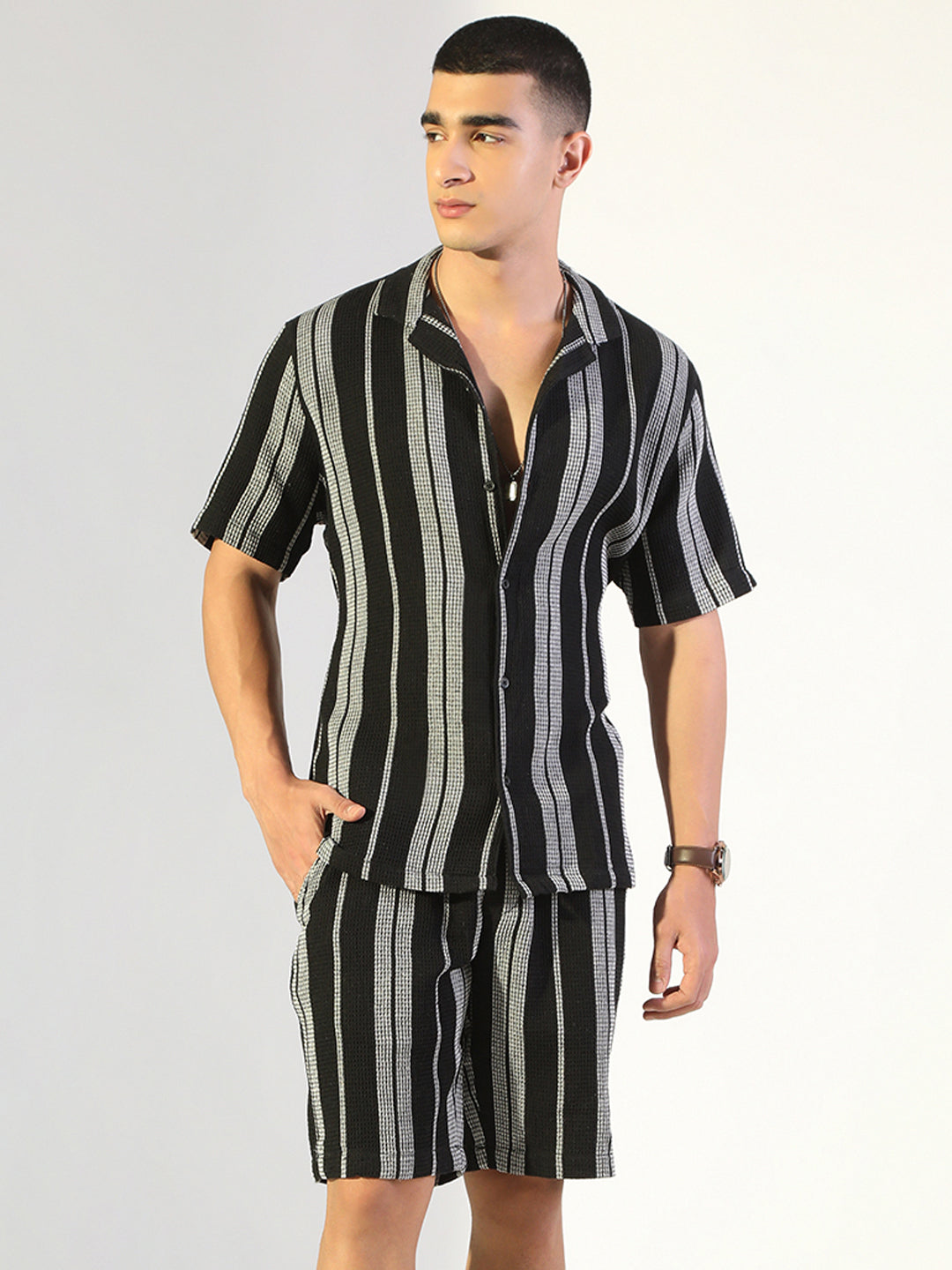 Men's Striped Black & White Relaxed Fit Cuban Collar Shirt & Casual Shorts Co-ord Set