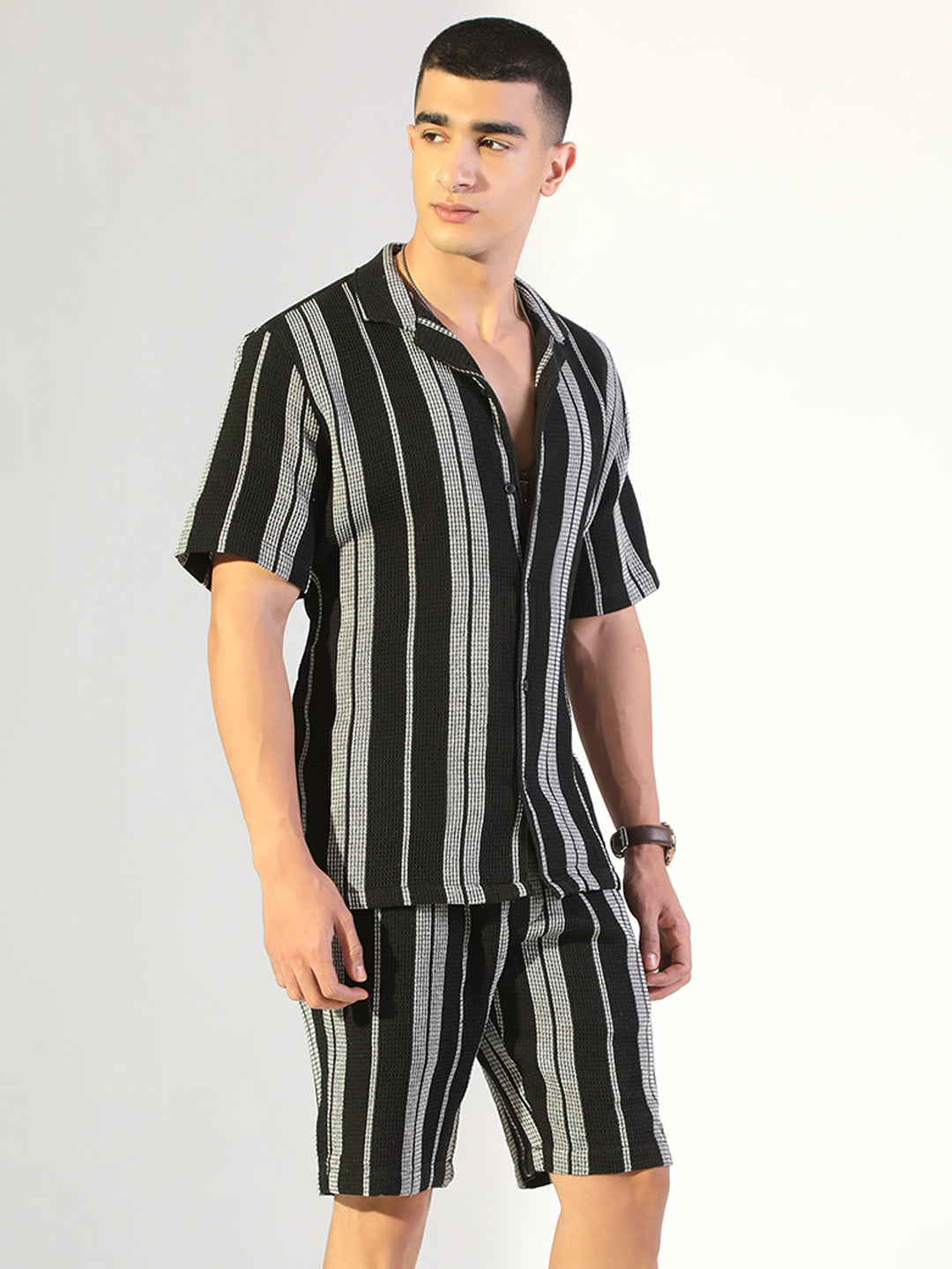 Men's Striped Black & White Relaxed Fit Cuban Collar Shirt & Casual Shorts Co-ord Set
