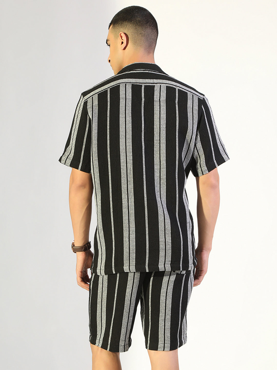 Men's Striped Black & White Relaxed Fit Cuban Collar Shirt & Casual Shorts Co-ord Set