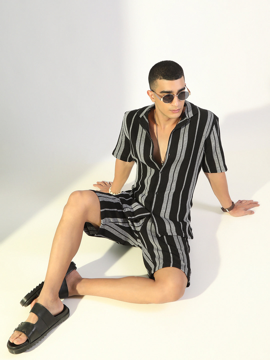 Men's Striped Black & White Relaxed Fit Cuban Collar Shirt & Casual Shorts Co-ord Set