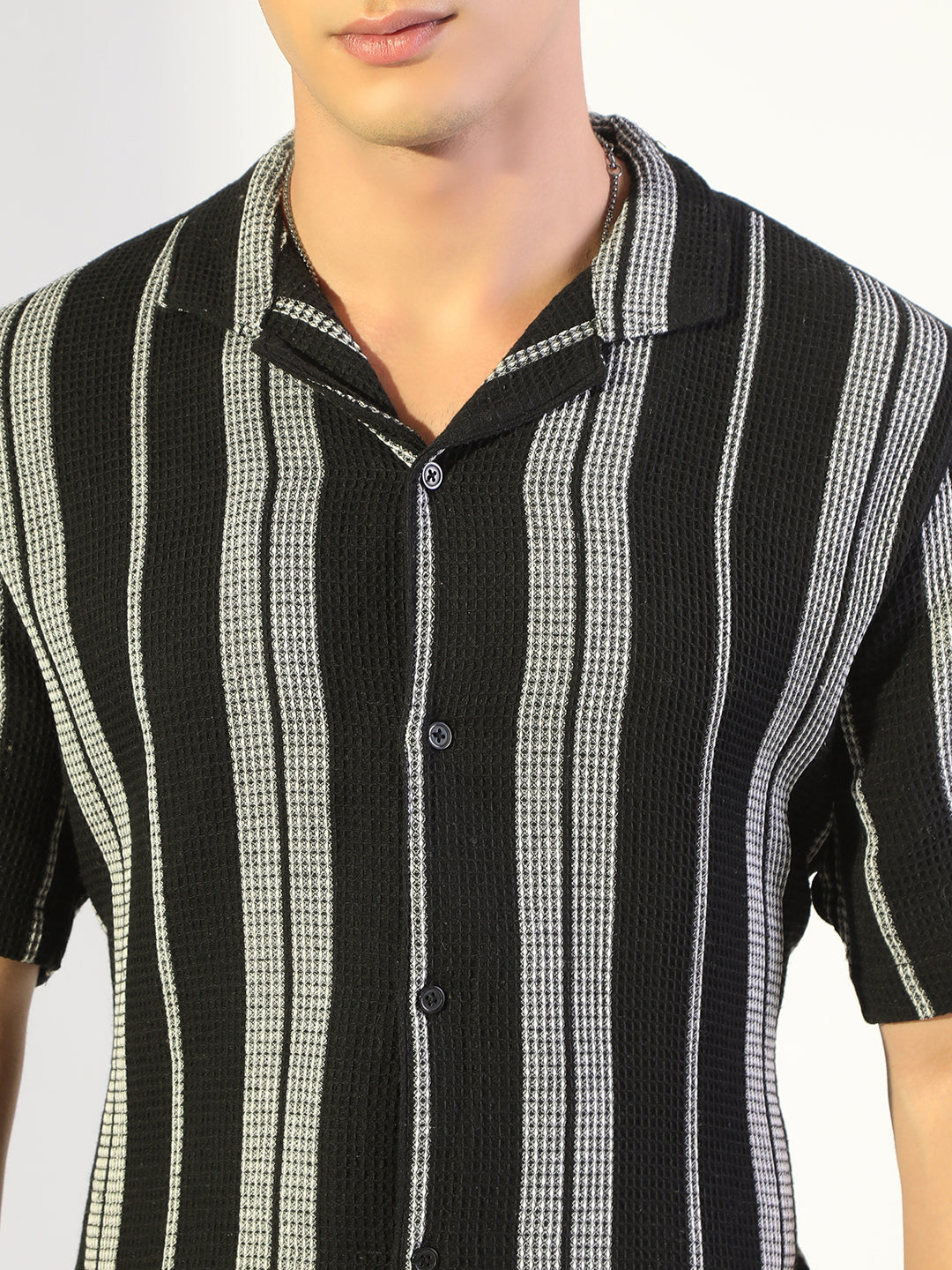 Men's Striped Black & White Relaxed Fit Cuban Collar Shirt & Casual Shorts Co-ord Set