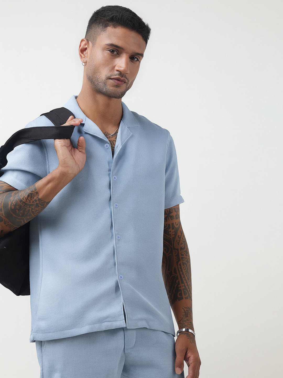 Men's Textured Blue Cuban Collar Shirt & Shorts Co-ord Set