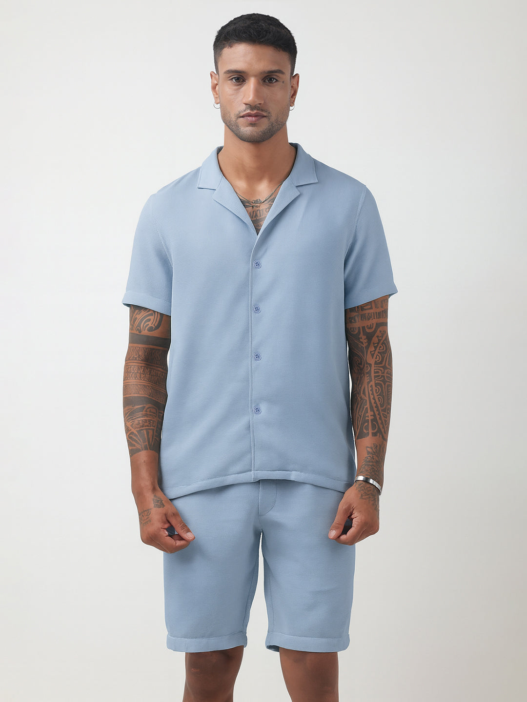 Men's Textured Blue Cuban Collar Shirt & Shorts Co-ord Set