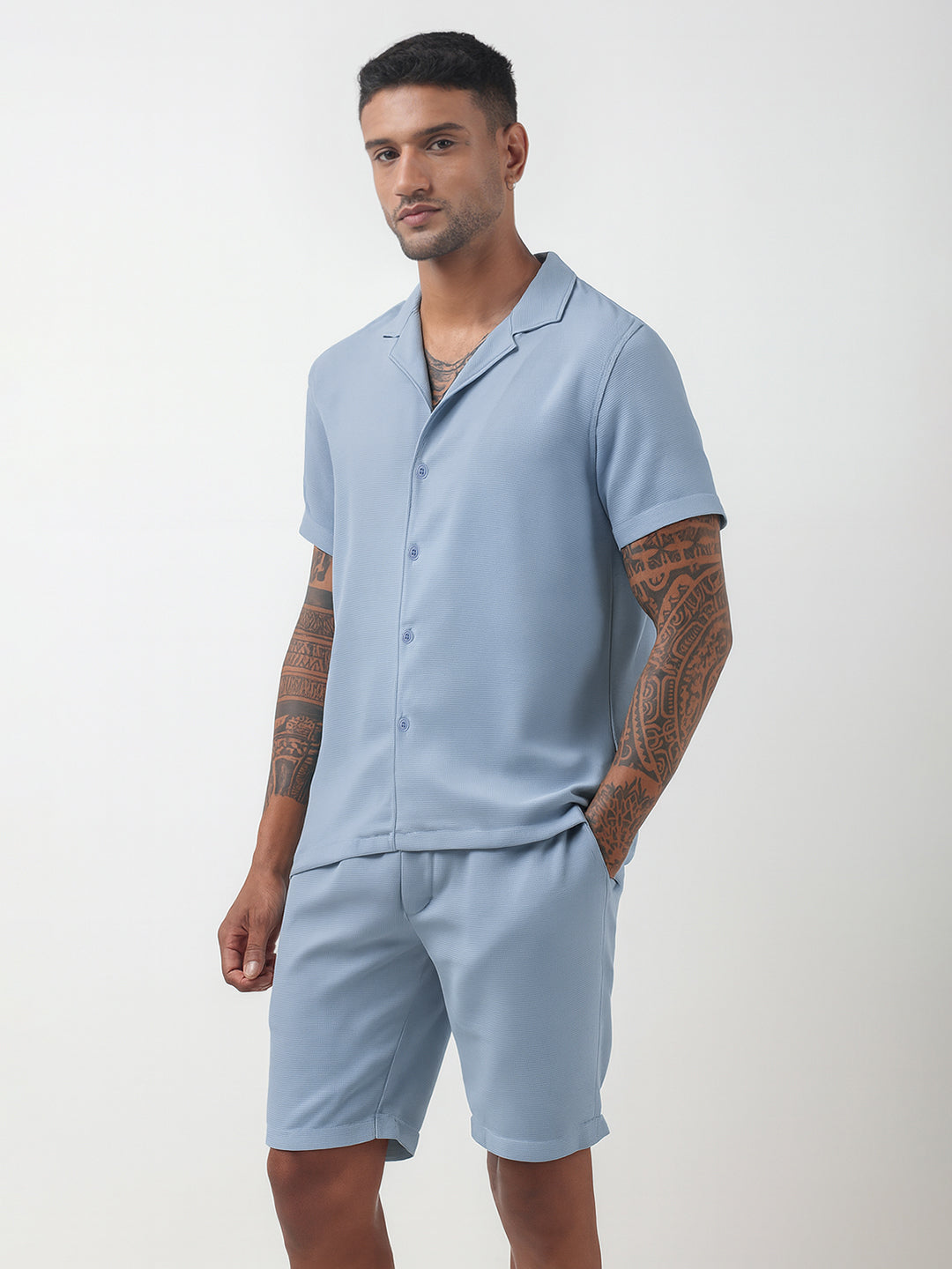 Men's Textured Blue Cuban Collar Shirt & Shorts Co-ord Set