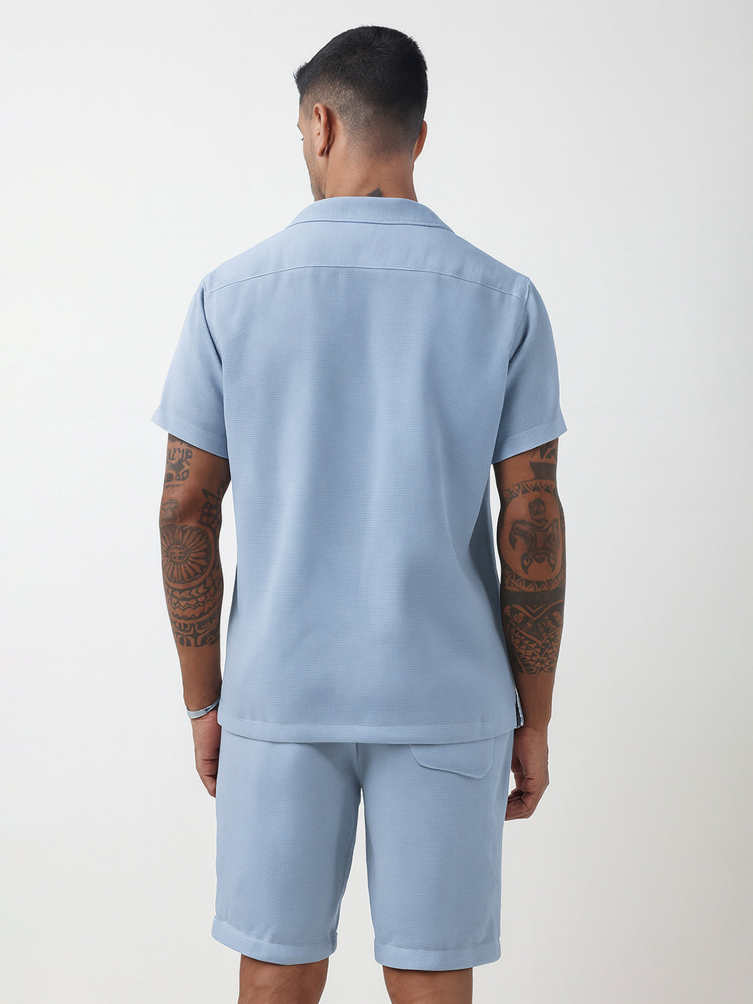 Men's Textured Blue Cuban Collar Shirt & Shorts Co-ord Set