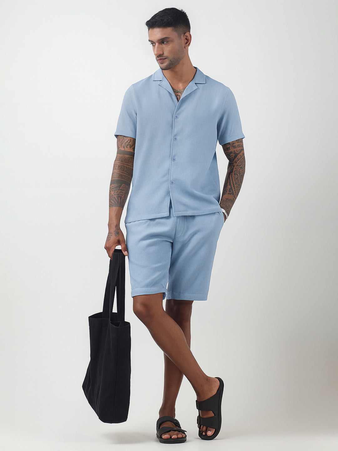 Men's Textured Blue Cuban Collar Shirt & Shorts Co-ord Set