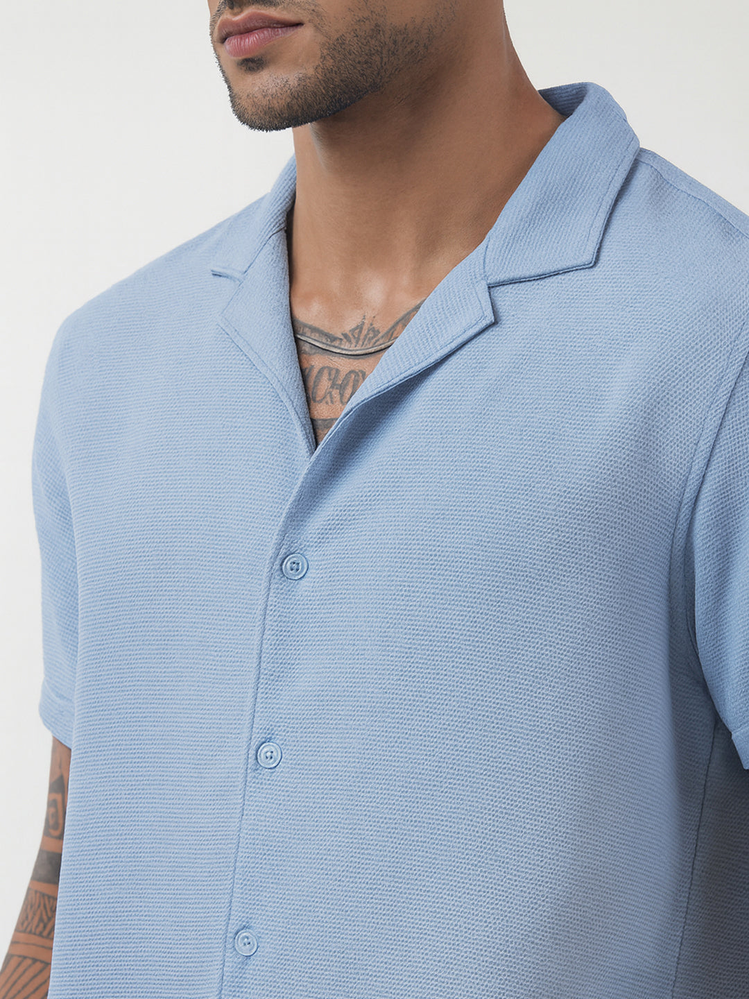 Men's Textured Blue Cuban Collar Shirt & Shorts Co-ord Set