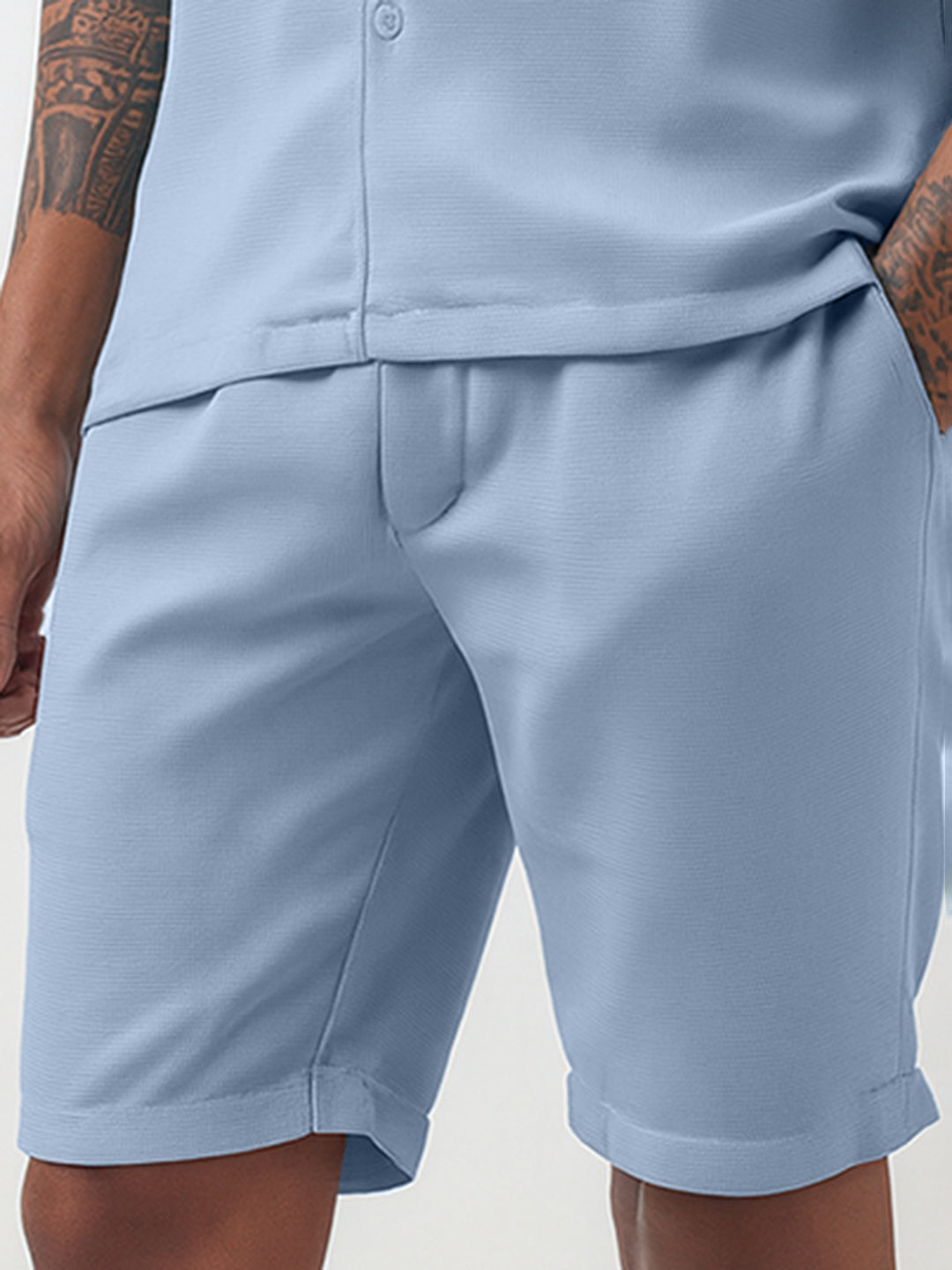 Men's Textured Blue Cuban Collar Shirt & Shorts Co-ord Set