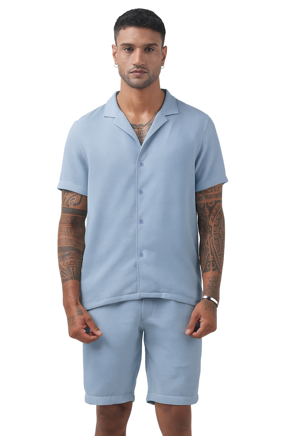 Men's Textured Blue Cuban Collar Shirt & Shorts Co-ord Set