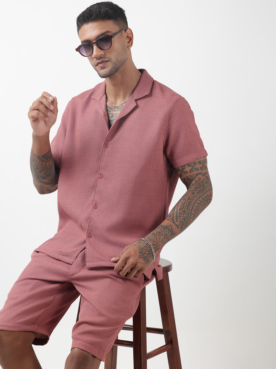 Men's Textured Pink Cuban Collar Shirt & Shorts Co-ord Set