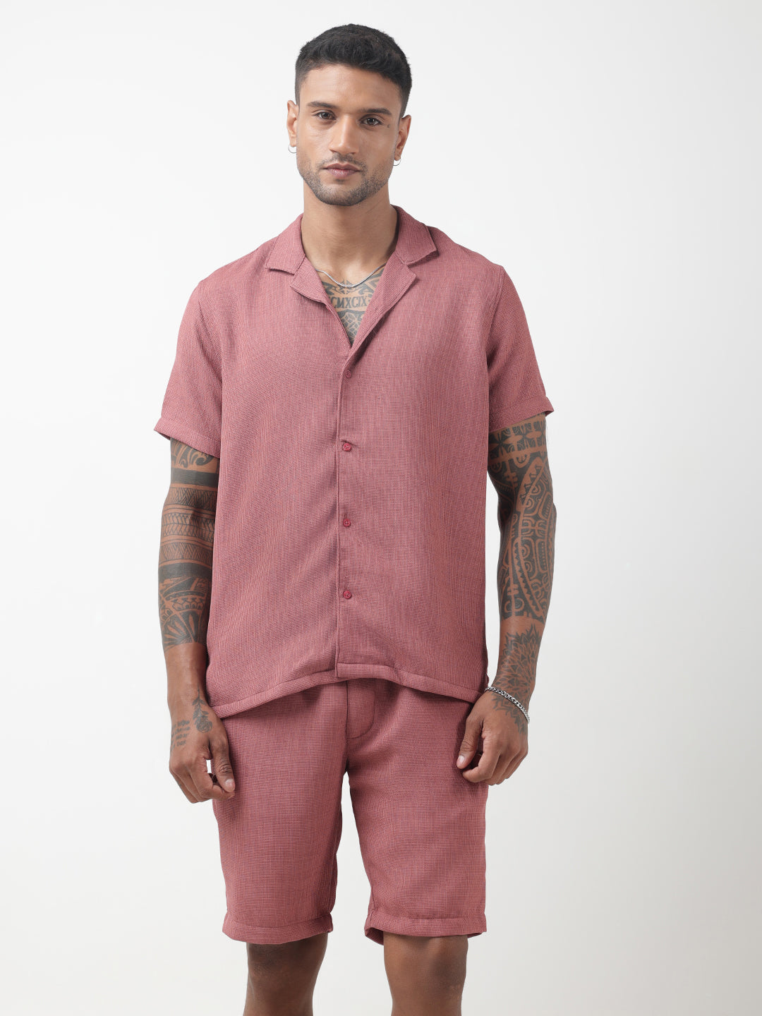 Men's Textured Pink Cuban Collar Shirt & Shorts Co-ord Set