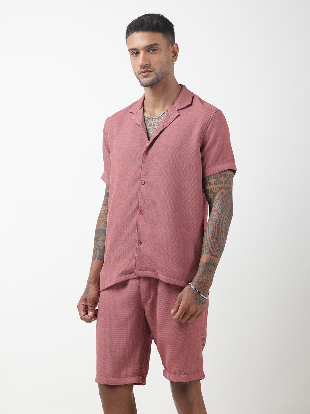 Men's Textured Pink Cuban Collar Shirt & Shorts Co-ord Set