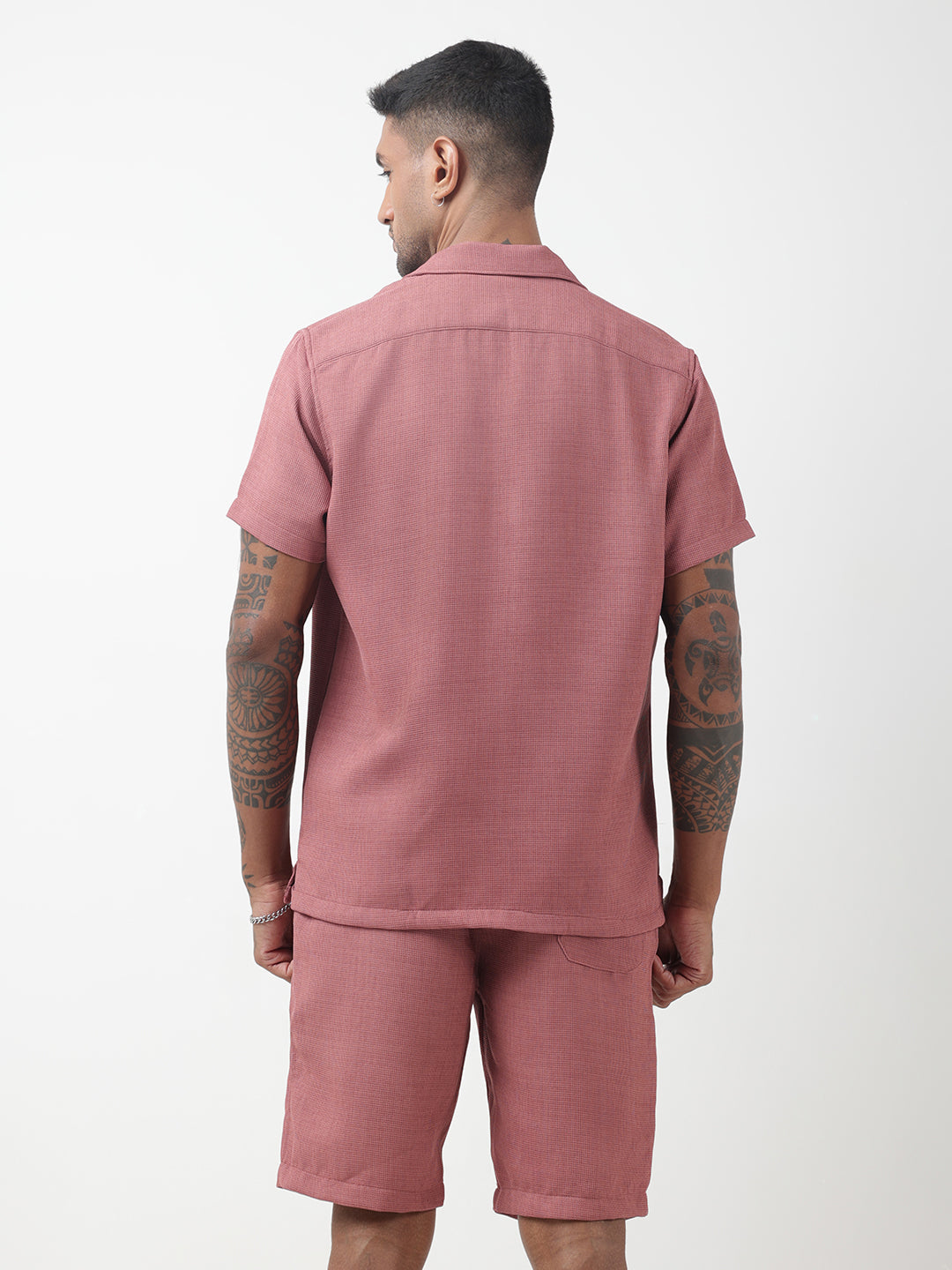Men's Textured Pink Cuban Collar Shirt & Shorts Co-ord Set
