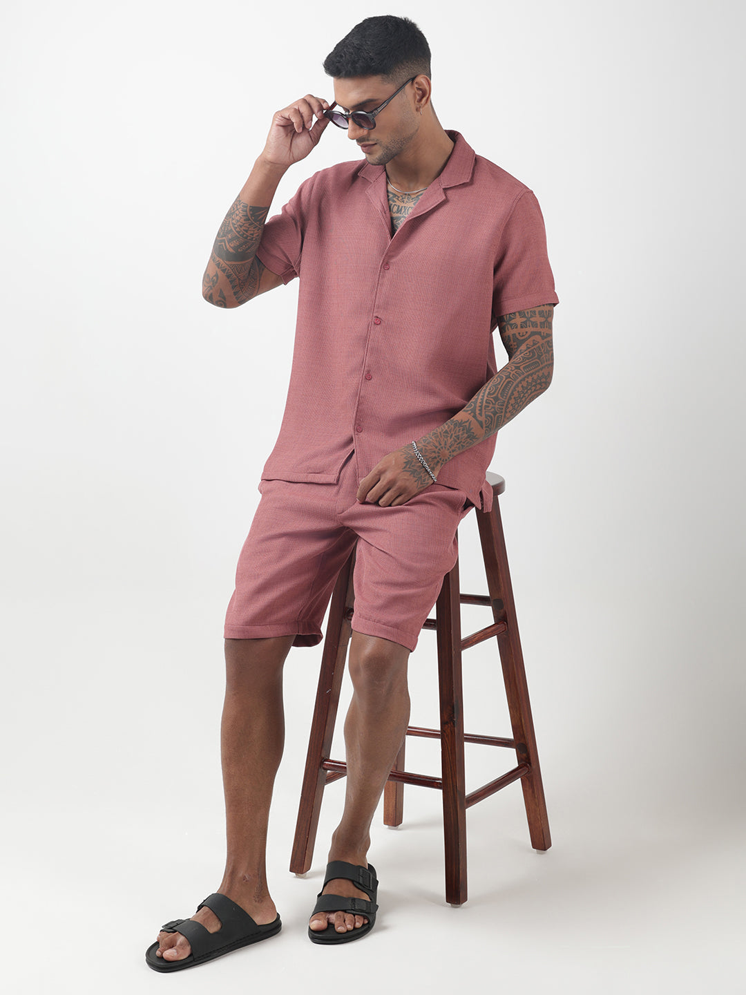 Men's Textured Pink Cuban Collar Shirt & Shorts Co-ord Set