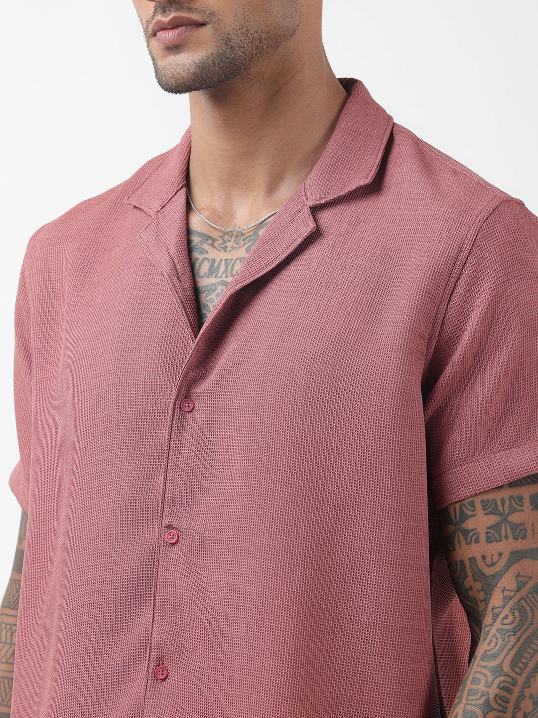 Men's Textured Pink Cuban Collar Shirt & Shorts Co-ord Set