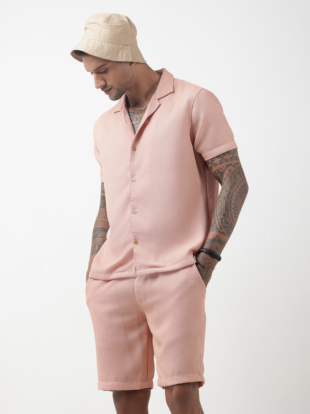 Men's Textured Peach Cuban Collar Shirt & Shorts Co-ord Set