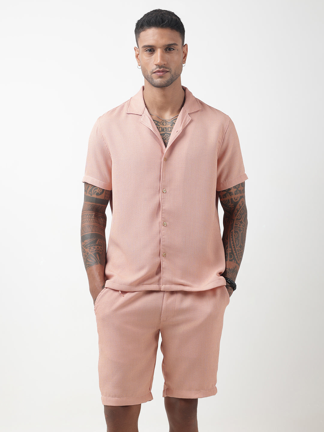 Men's Textured Peach Cuban Collar Shirt & Shorts Co-ord Set