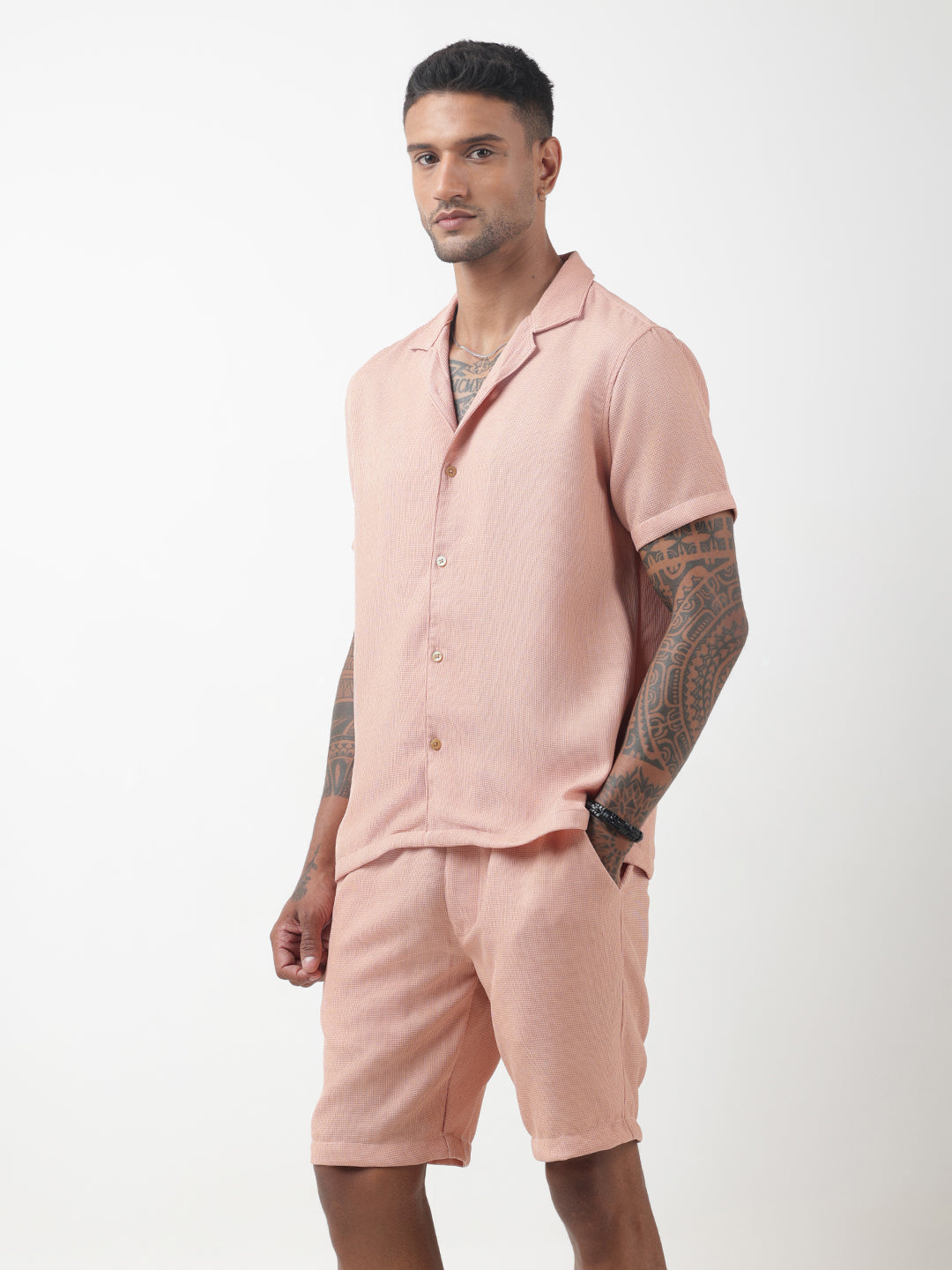 Men's Textured Peach Cuban Collar Shirt & Shorts Co-ord Set