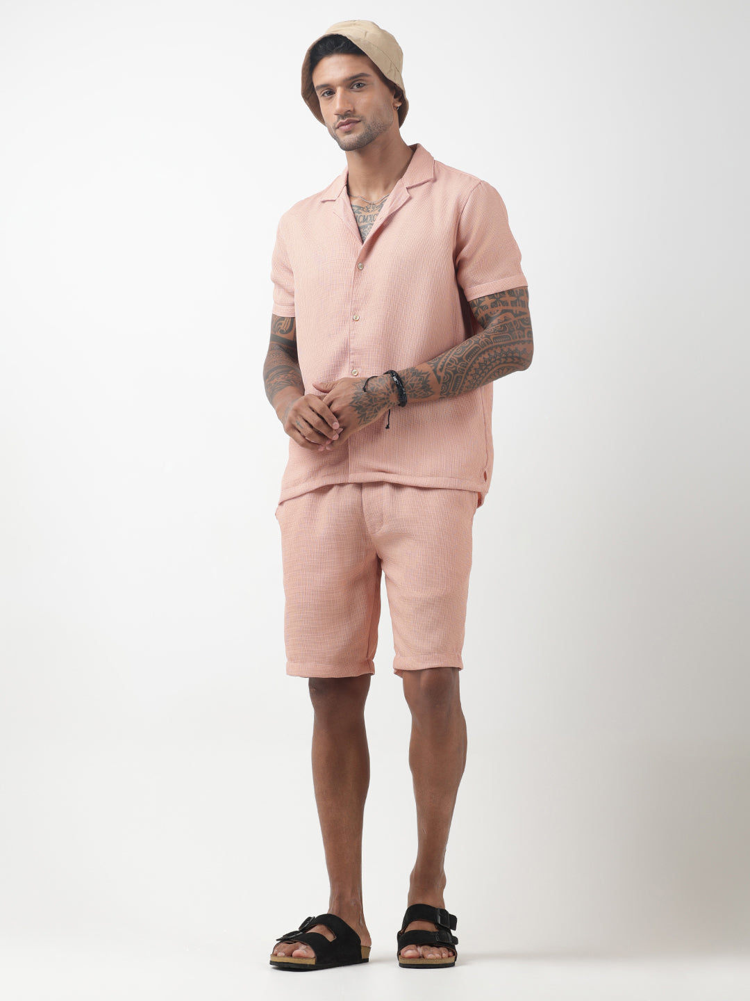 Men's Textured Peach Cuban Collar Shirt & Shorts Co-ord Set