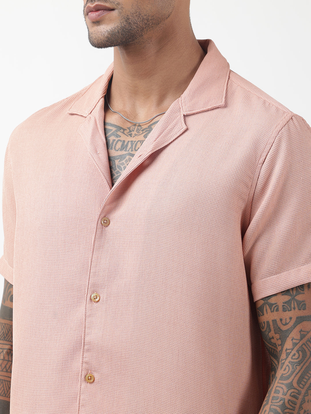 Men's Textured Peach Cuban Collar Shirt & Shorts Co-ord Set