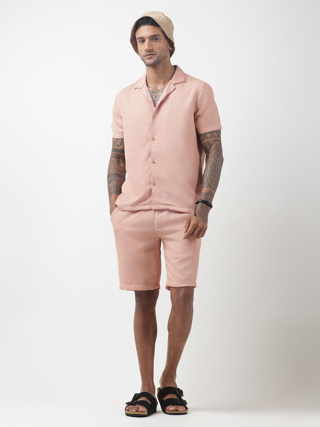 Men's Textured Peach Cuban Collar Shirt & Shorts Co-ord Set