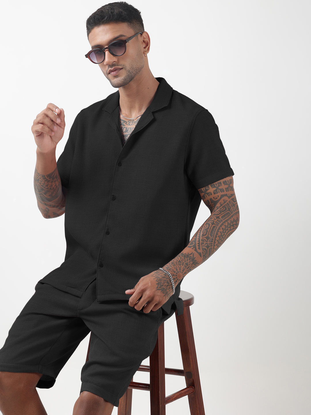 Men's Textured Black Cuban Collar Shirt & Shorts Co-ord Set