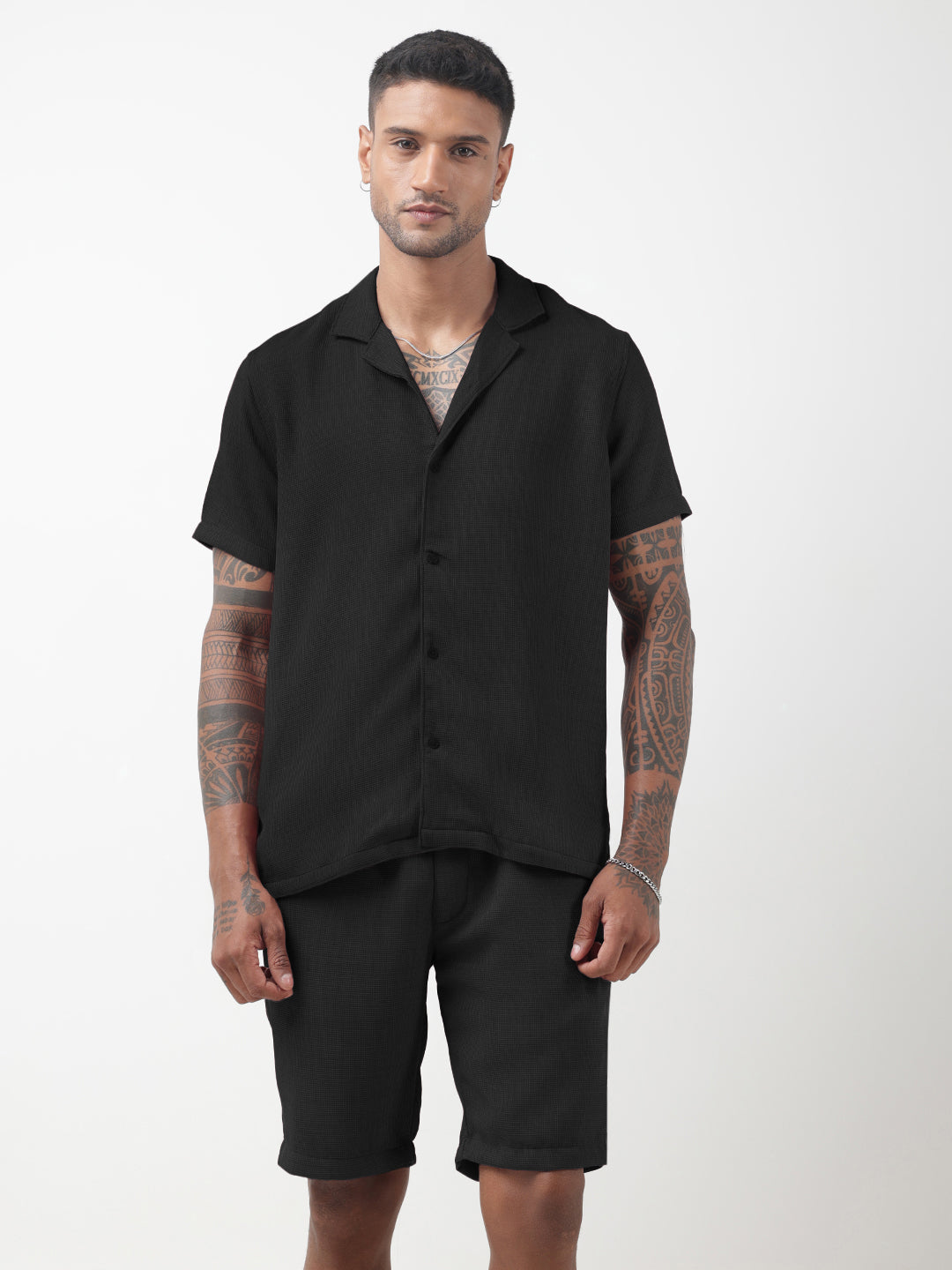 Men's Textured Black Cuban Collar Shirt & Shorts Co-ord Set