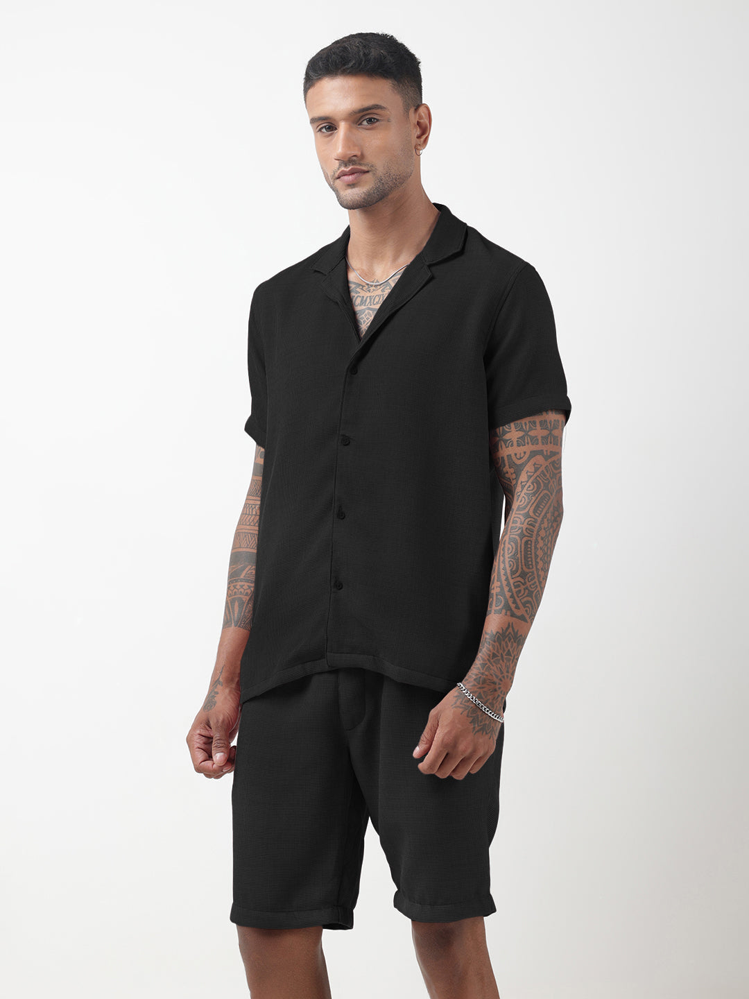 Men's Textured Black Cuban Collar Shirt & Shorts Co-ord Set