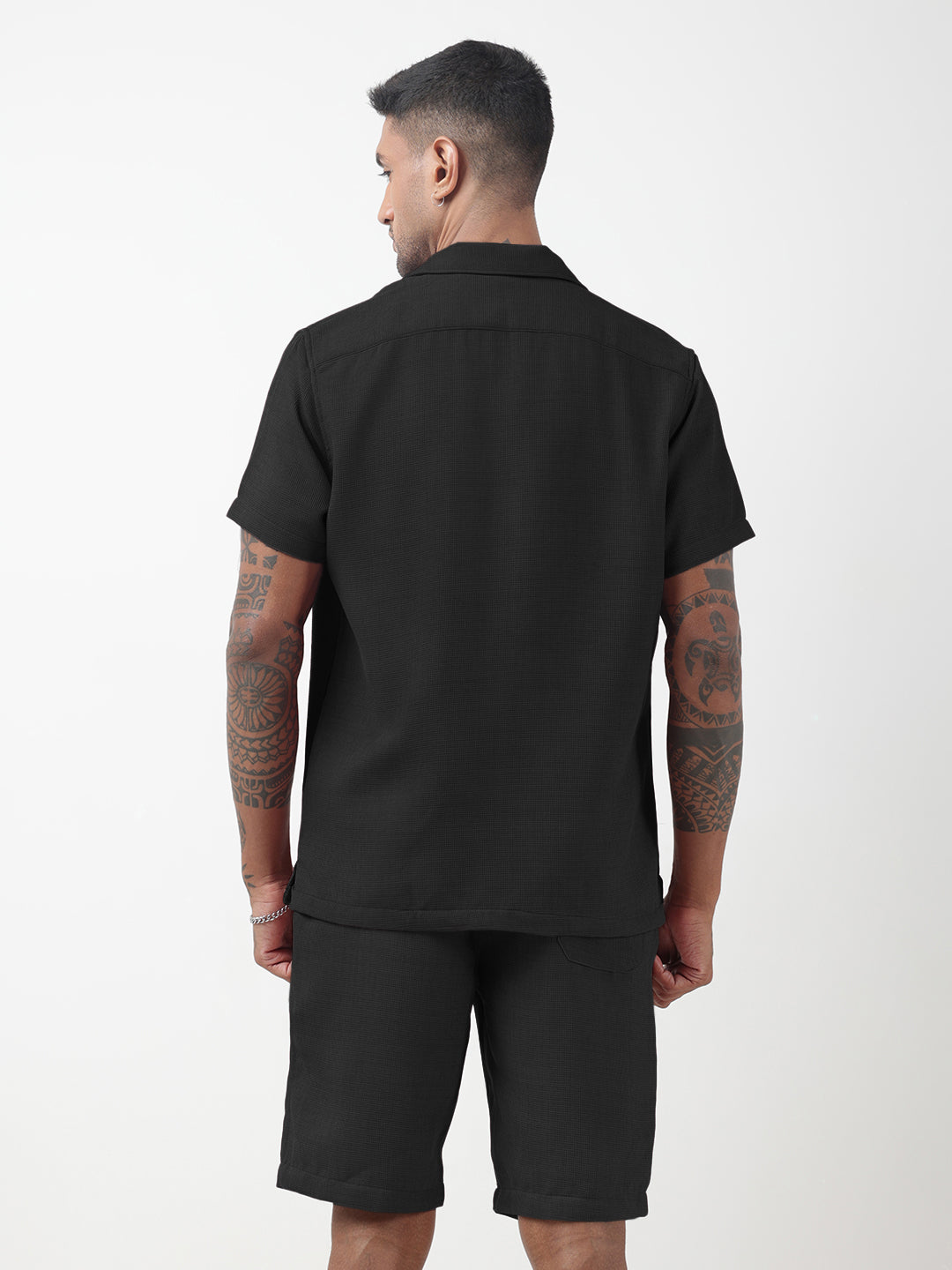 Men's Textured Black Cuban Collar Shirt & Shorts Co-ord Set