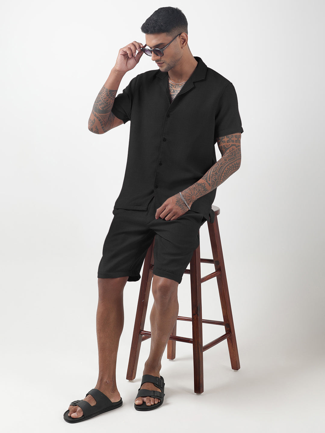 Men's Textured Black Cuban Collar Shirt & Shorts Co-ord Set