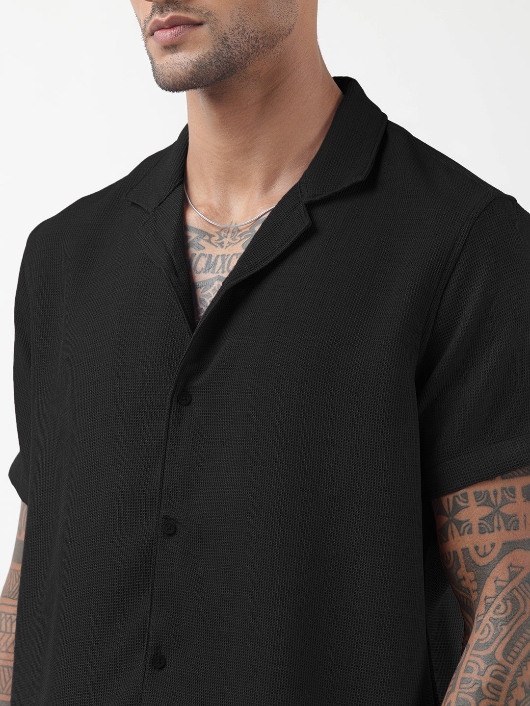 Men's Textured Black Cuban Collar Shirt & Shorts Co-ord Set