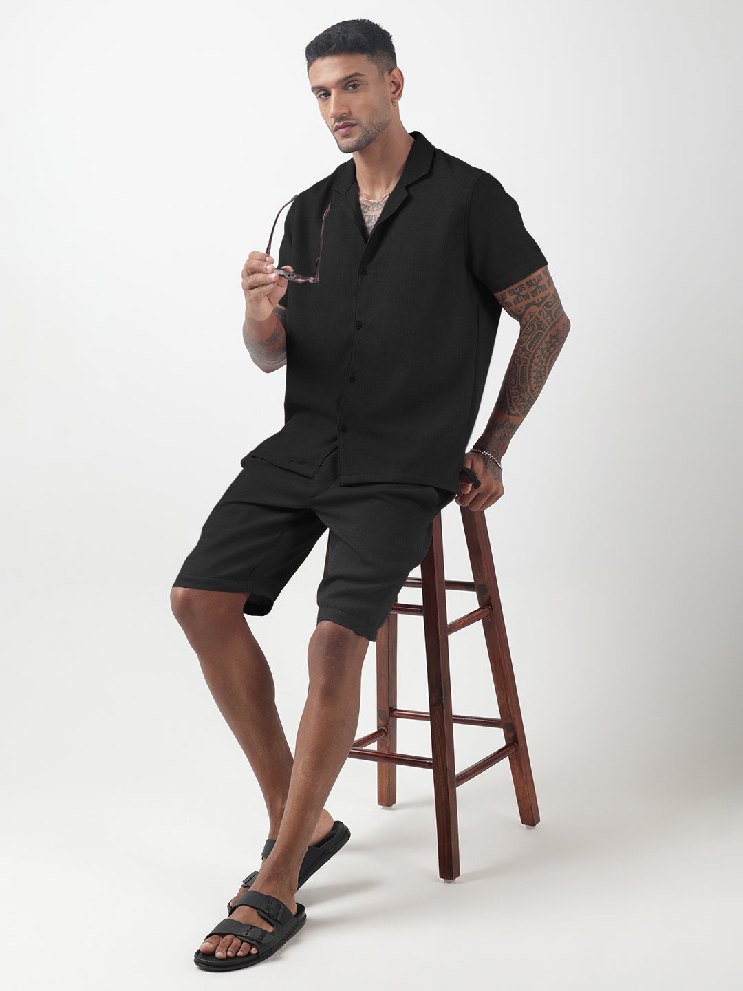 Men's Textured Black Cuban Collar Shirt & Shorts Co-ord Set