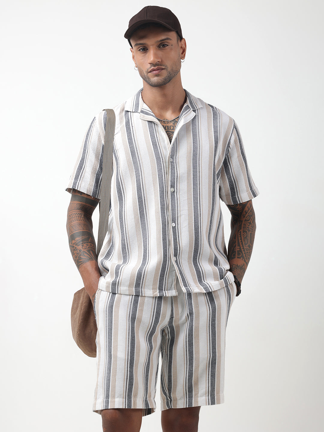 Men's Striped White Cuban Collar Shirt & Shorts Co-ord Set