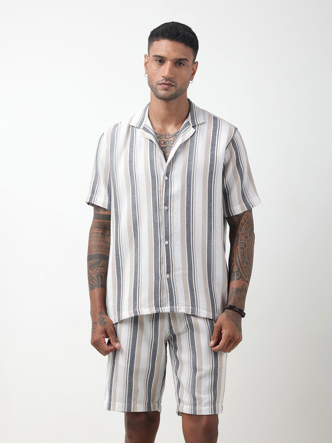 Men's Striped White Cuban Collar Shirt & Shorts Co-ord Set
