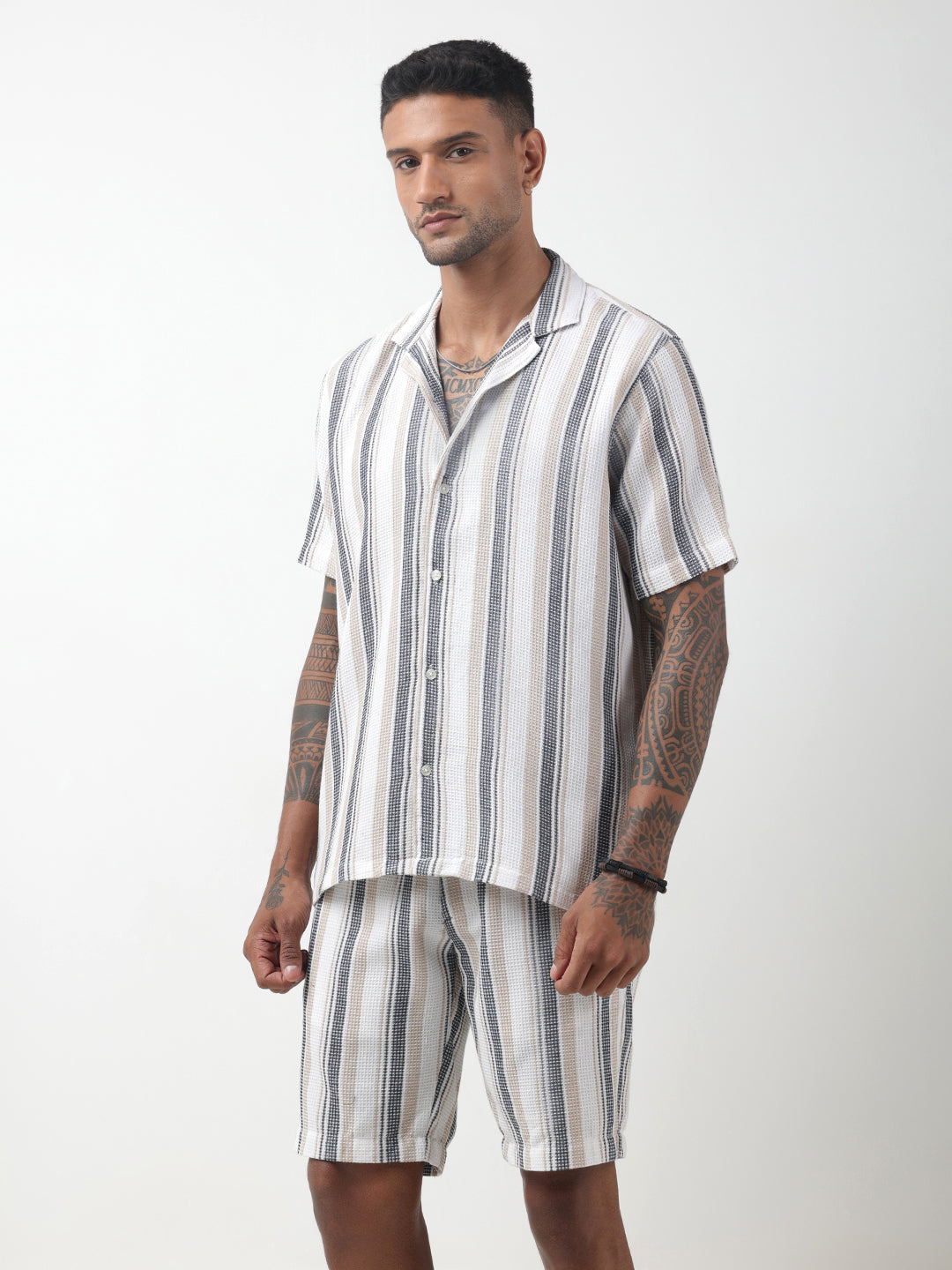 Men's Striped White Cuban Collar Shirt & Shorts Co-ord Set