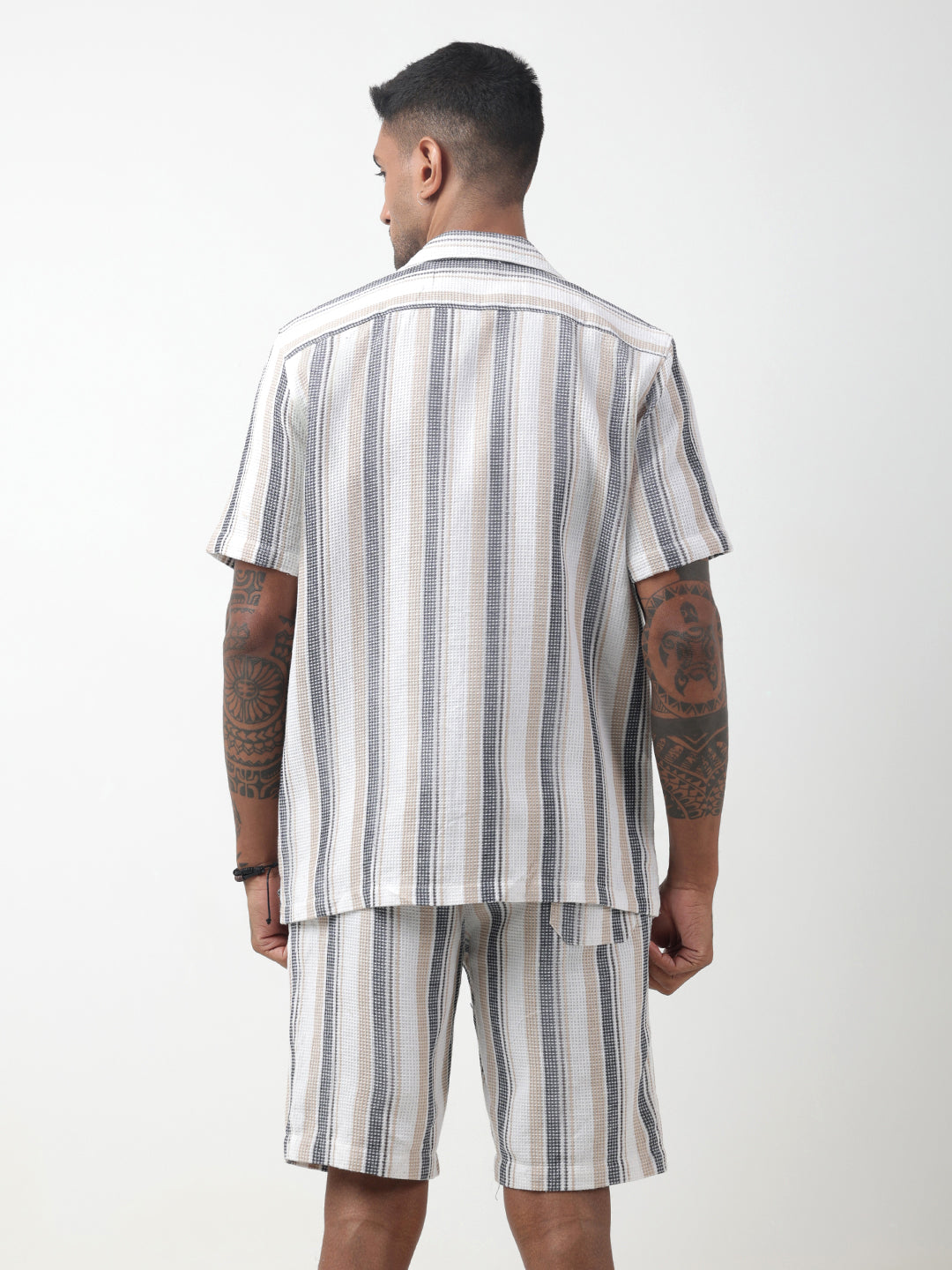 Men's Striped White Cuban Collar Shirt & Shorts Co-ord Set