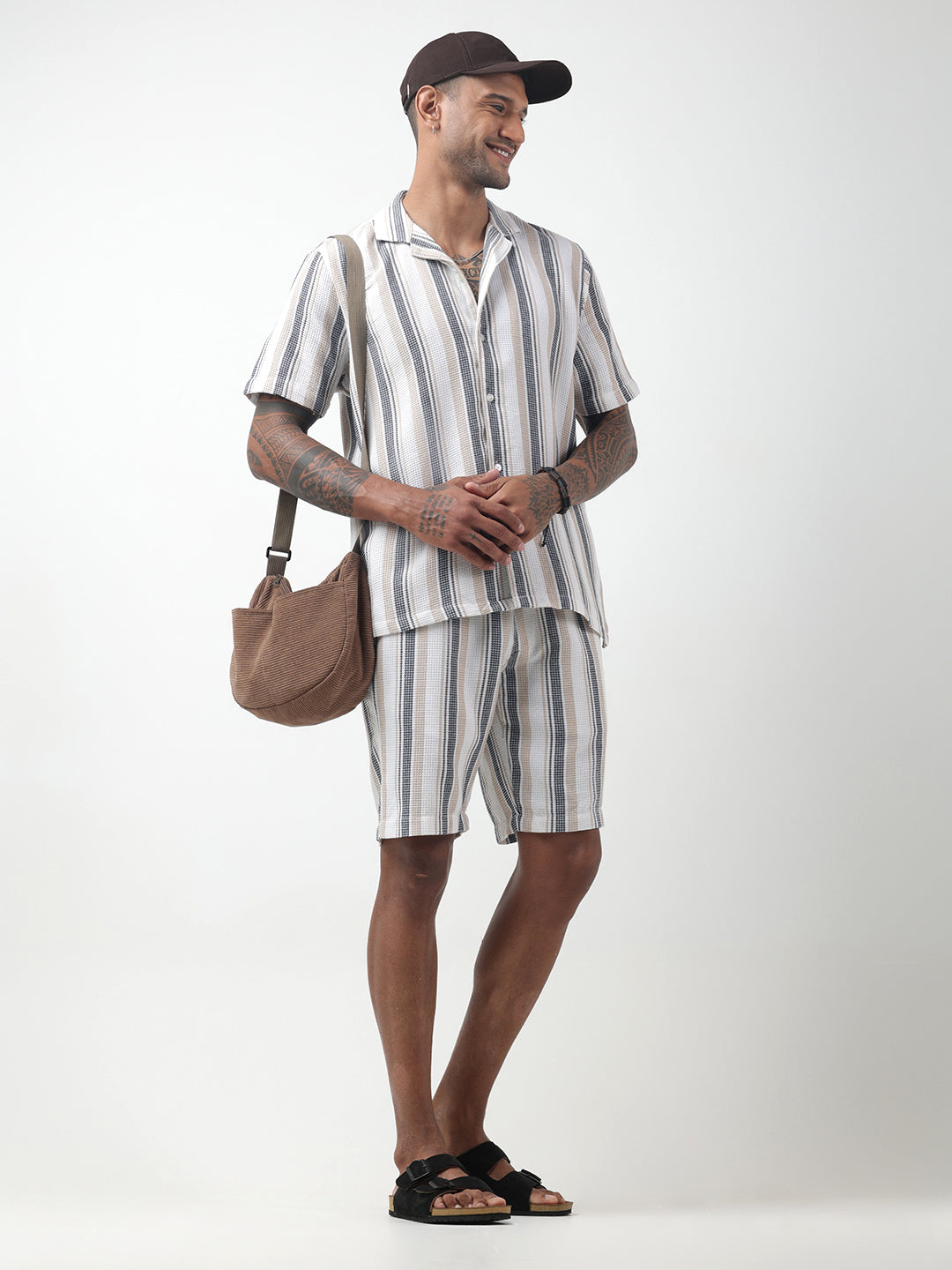 Men's Striped White Cuban Collar Shirt & Shorts Co-ord Set