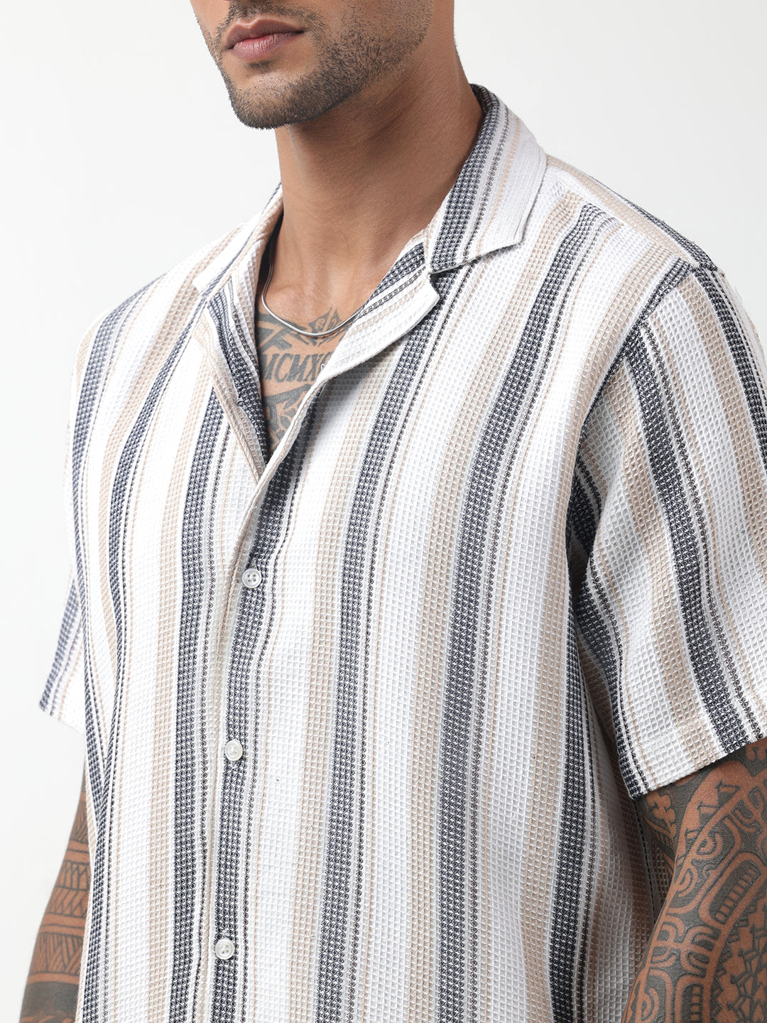 Men's Striped White Cuban Collar Shirt & Shorts Co-ord Set