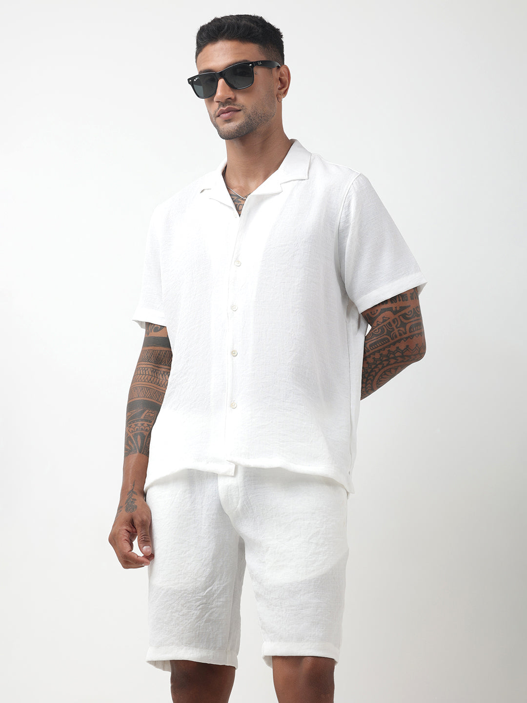 Men's White Cuban Collar Shirt & Shorts Co-ord Set