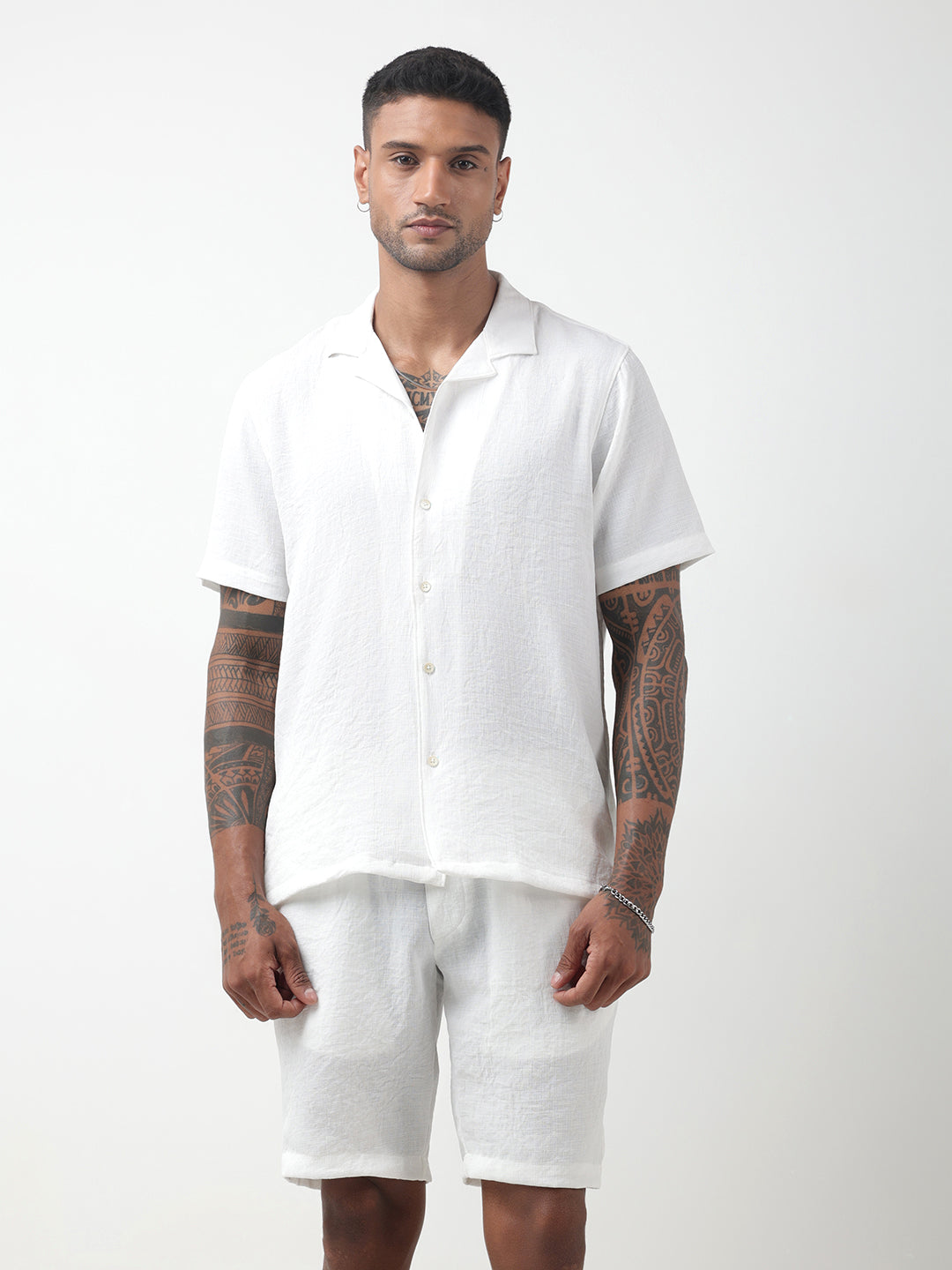 Men's White Cuban Collar Shirt & Shorts Co-ord Set