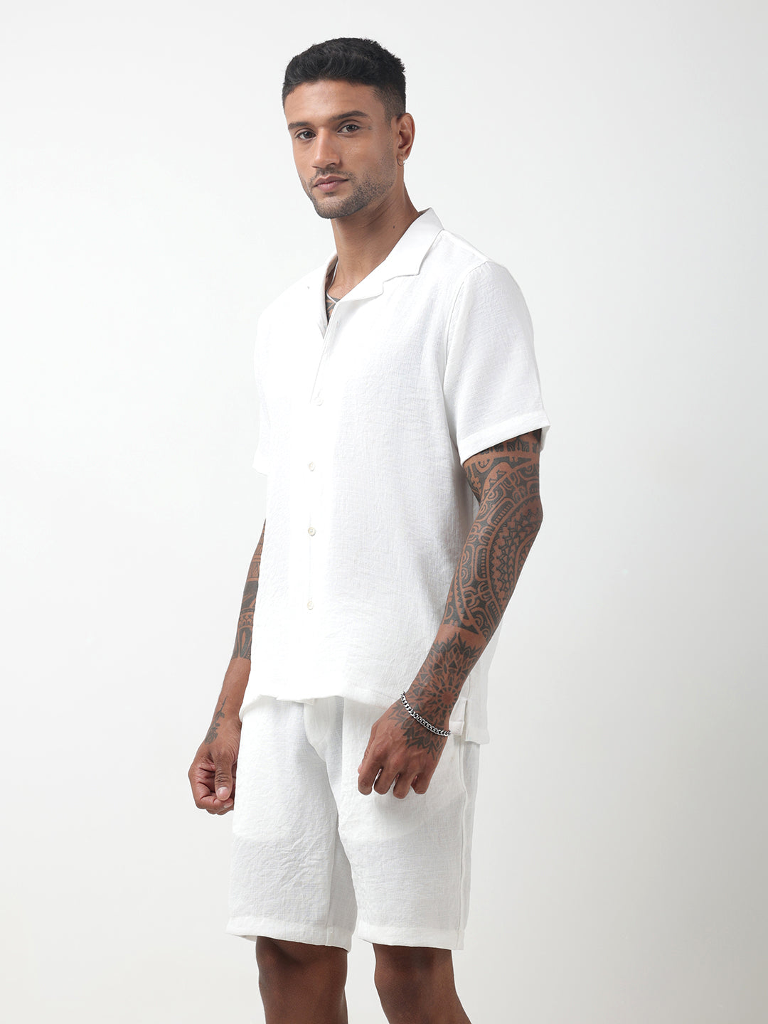 Men's White Cuban Collar Shirt & Shorts Co-ord Set